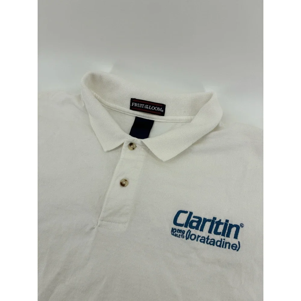 VNTG Drug Fruit of the Loom Claritin Loratadine Pharma Promo Polo Shirt White XL